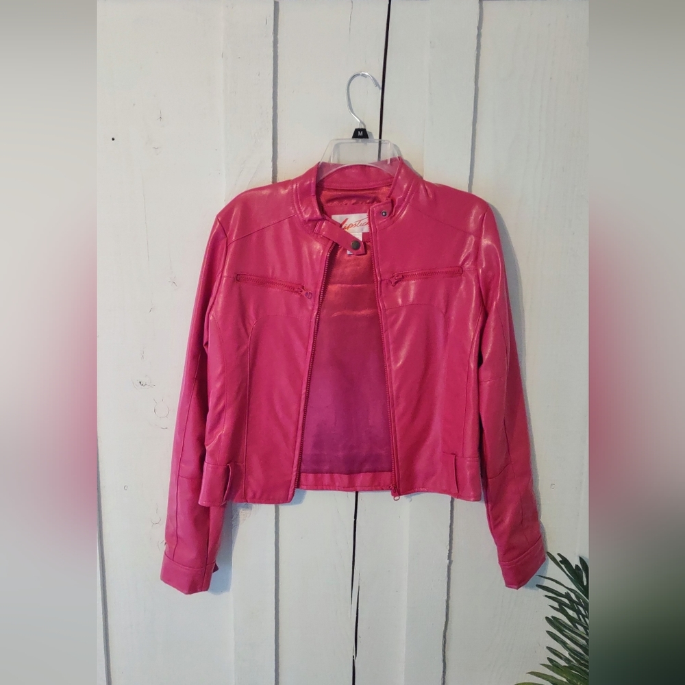 Lipstick Brand Faux Leather Jacket - Barbiecore Barbie